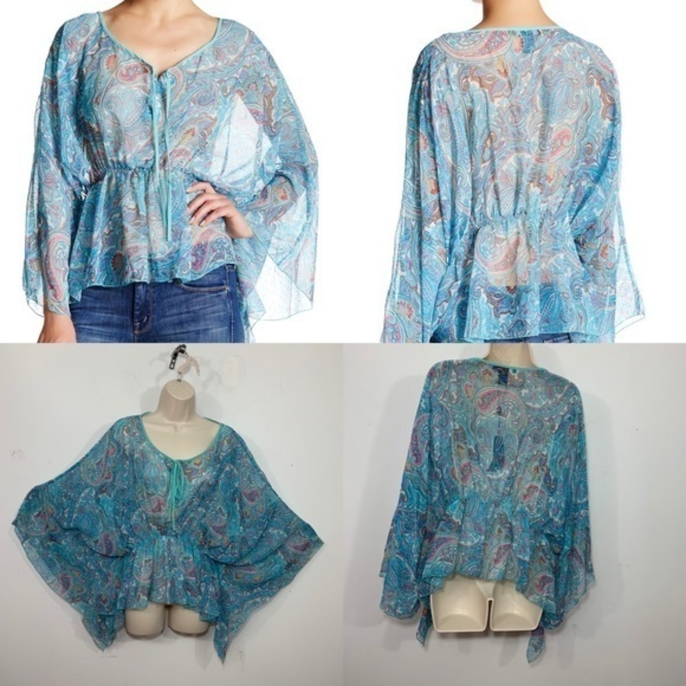 NWT Vertigo Blouse Paisley Kimono Sleeves blue
